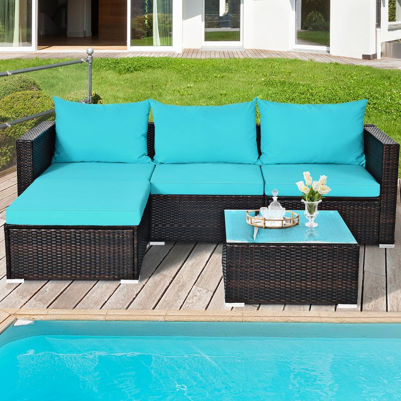 Tangkula 5PCS Patio Rattan Wicker Sofa Furniture Set Sectional Conversation Sofa Set Blue, 3 of 10