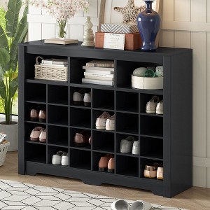 Modern 24 Shoe Cubby Console,Freestanding Shoe Cabinet Storage,Wooden Shoe Rack Organizer with Curved Base for Entryway Hallway Living Room Black - 1 of 4