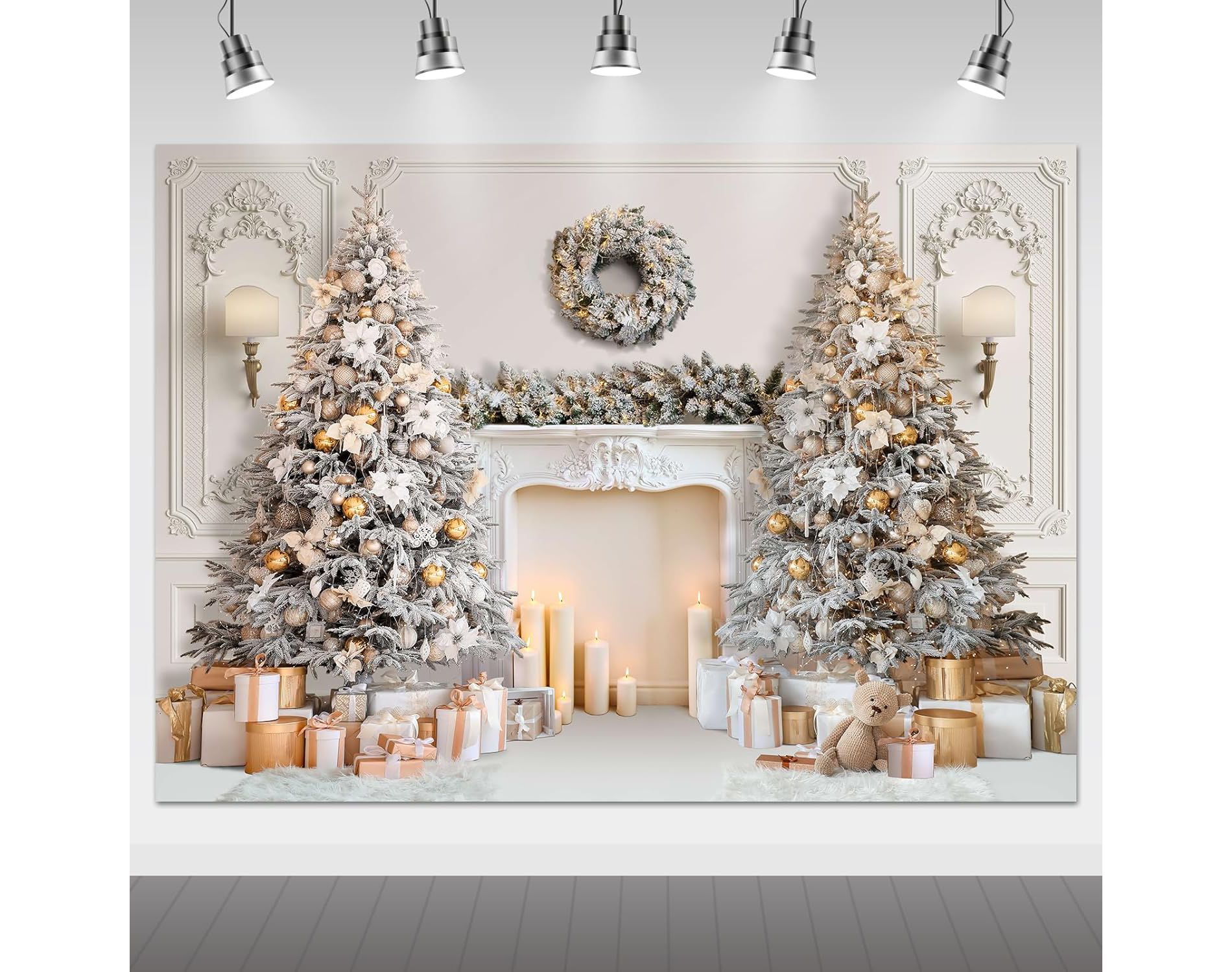 White Christmas Fireplace Photo Background Family Kids Holiday Party Banner Decorations