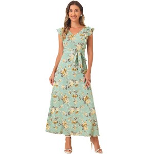 Allegra K Women's Floral V-neck Cap Sleeves with Belt Maxi Flare Sundresses - 1 of 4