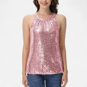 Anna-Kaci Women's Sleeveless Sequin Halter Top with Pleated Neckline and Sparkling Finish - 1 of 4