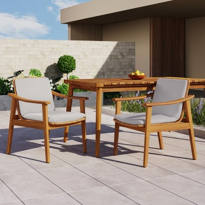 Set of 2 Outdoor Wicker Dining Chairs, Acacia Wood Frame in Teak Finish with Waterproof Cushions, Armchairs for Patio or Garden – Cuddlewood