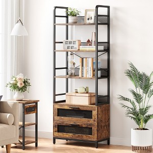 Garvee Bookshelf with Drawers Industrial Bookcase with 4 Tiers Open Storage Shelves for Bedroom, Living Room, Home Office, Brown - 1 of 4