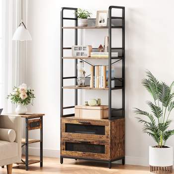 Trinity Bookshelf with Drawers Industrial Bookcase with 4 Tiers Open Storage Shelves for Bedroom, Living Room, Home Office, Brown