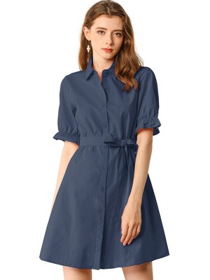 Allegra K Women's Summer Ruffled Short Sleeve Belted Button Down Shirt Dress