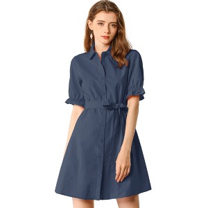 Allegra K Women's Summer Ruffled Short Sleeve Belted Button Down Shirt Dress - 1 of 4