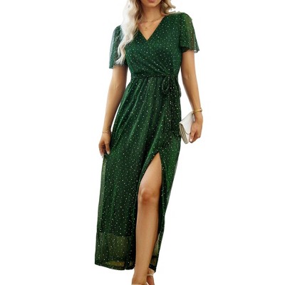 Anna-Kaci Women's Short Sleeve V Neck Maxi Wrap Dress with Waist Tie and Side Slit Detail