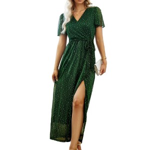 Anna-Kaci Women's Short Sleeve V Neck Maxi Wrap Dress with Waist Tie and Side Slit Detail - 1 of 4