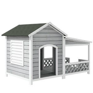 Resenkos Dog House, Pet House,Dog Cave,Wooden Dog House Outdoor with Porch, Dog Shelter with Asphalt Roof, Doors and Shutter Window,Light Gray - 1 of 1