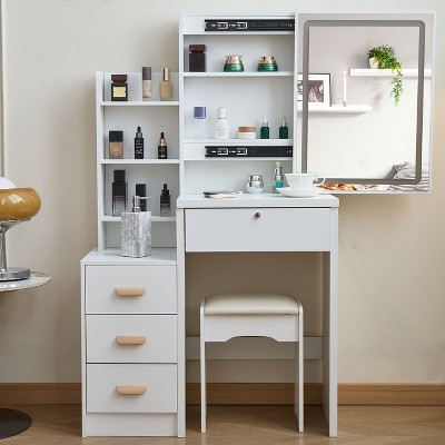 TOBILI Vanity Desk with Sliding Mirror and Lights, Vanity Set with 4 Drawers,3 Color Adjustable Lighting Modes, Makeup Dressing Table for Bedroom