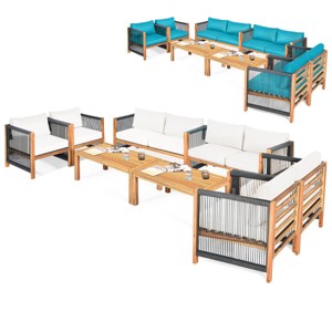 Costway 8 PCS Wood Outdoor Patio Furniture Set with Cushions White Red Cushion Cover Sets White+Red/Turquoise - 1 of 4