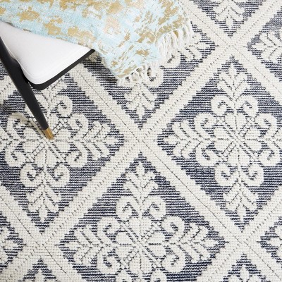 Ivory and Navy Hand-Knotted Wool 6' Square Area Rug