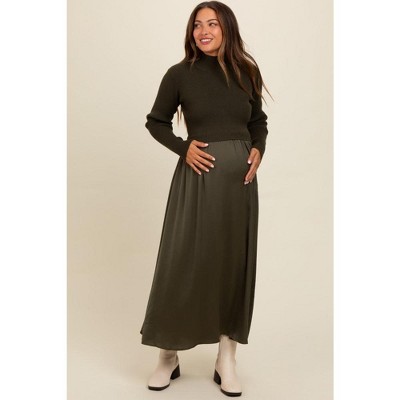 PinkBlush Olive Knit Contrast Top Satin Maternity Midi Dress