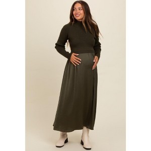 PinkBlush Olive Knit Contrast Top Satin Maternity Midi Dress - 1 of 4