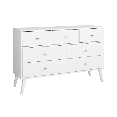 White Mid-Century Modern Double Dresser with Brass Knobs
