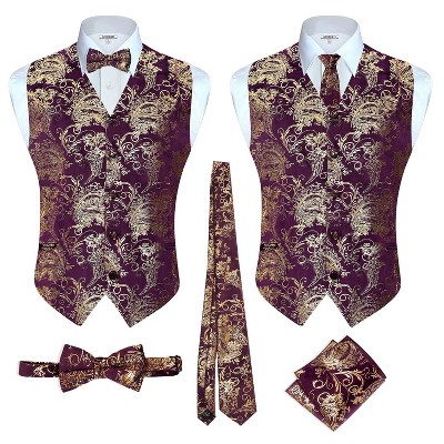 Gioberti Men's Formal 4pc Metallic Paisley Vest Necktie Bowtie and Pocket Square