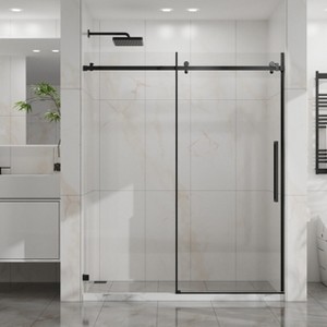 60"x72" Frameless Sliding Shower Door, 1/4"(6mm) Clear Tempered Glass with Easy-Clean Coating, Stainless Steel Hardware, Matte Black Finish - 1 of 4