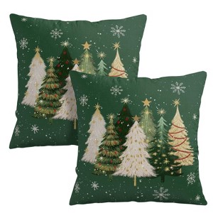 Green Christmas Outdoor Pillow Covers 18x18 Set of 2 White Gold Xmas Tree Snowflakes Pillow Case Rustic - 1 of 4