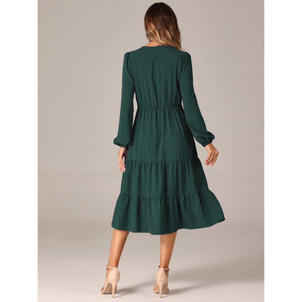Женские платья INSPIRE CHIC Women's V Neck Lantern Sleeve Ruffle Flowy A-Line Elegant Midi Dress Dark Green X-Large — фото 3