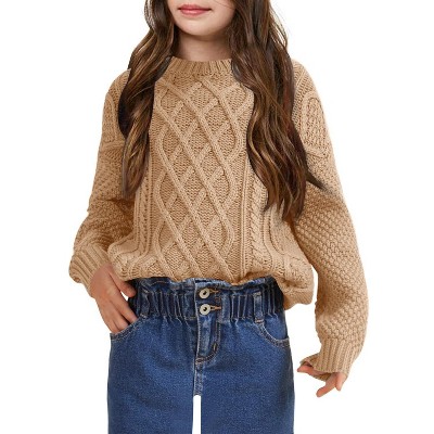Girls Pullover Sweater Cable Knit Crew Neck Long Sleeve Sweater Knit Tops,Camel - L