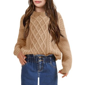 Girls Pullover Sweater Cable Knit Crew Neck Long Sleeve Sweater Knit Tops,Camel - XL - 1 of 4