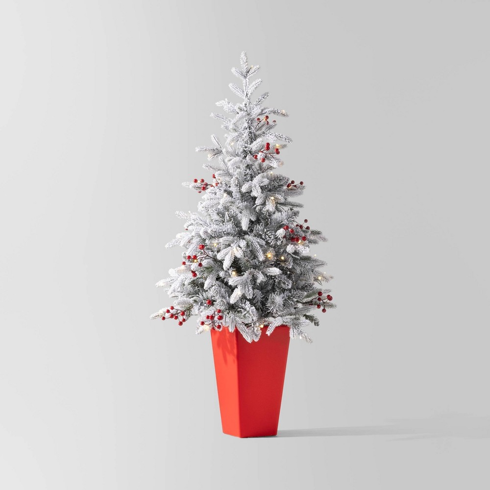 Photos - Garden & Outdoor Decoration 4' Pre-lit Flocked Balsam Fir with Red Berries Potted Mini Artificial Chri