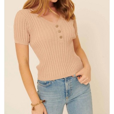 Women's Ribbed Knit V Neck Button Front Sweater Top - PROMESA
