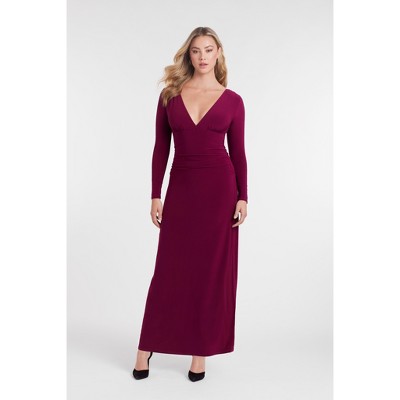 Women's S3 Sculpting Shirred V-Neck Long Sleeve Solid Maxi Dress