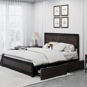 Bed Frame with Headboard, Platform Bed Frame with 4 Storage Drawers and Charge Station, Solid Metal Slats Support, Noise Free - 1 of 4