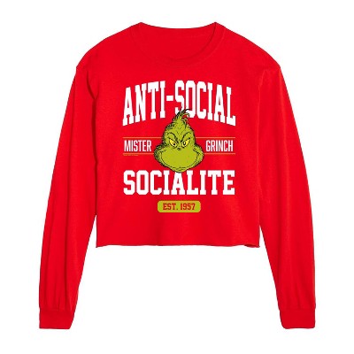 Dr. Seuss The Grinch Christmas Anti-Social Socialite Est. 1957 Cropped Long Sleeve T-Shirt - Red - 2 X-Large