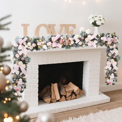 6 ft Pre-Lit Christmas Garland with Pink Ribbon Bows, Roses, Ball Ornaments, Pine Cones & Mini Gifts, for Stairs, Mantel, Indoor/Outdoor Decor