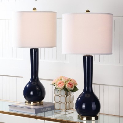 Navy Ceramic Long Neck Table Lamp Set with White Shade