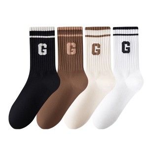 Anna-Kaci Women's 4-Pair Pack Ribbed Cotton Crew Socks with Striped Cuffs and G Letter Detail in Neutral Athletic Color Combinations - 1 of 4