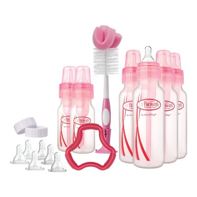Image of Dr. Brown's Natural Flow Anti-Colic Baby Bottle Gift Set with Teether & Bottle Brush - Pink - 20ct