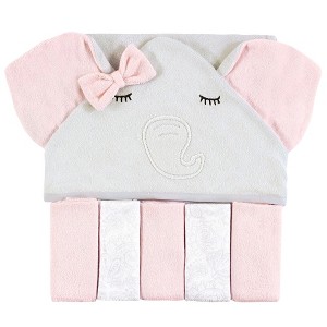 Hudson Baby Infant Girls Hooded Towel and Five Washcloths, Gray Pink Elephant, One Size - 1 of 2