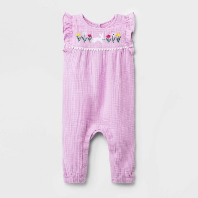 Baby Girls' Bunny Embroidery Gauze Romper - Cat & Jack™ Lavender 6-9M