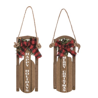 Transpac Wooden Plaid Christmas Sleigh Ornament Set of 2 Christmas Home Decorations