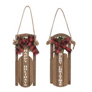 Transpac Wooden Plaid Christmas Sleigh Ornament Set of 2 Rustic Holiday Tree Decorations for Home - 1 of 1