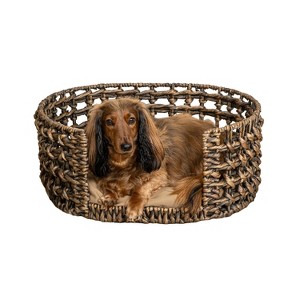 THE LICKER STORE Gigi Modern Bohemian Handwoven Hyacinth Open-Weave Oval Pet Bed with Machine-Washable Cushion - 1 of 4