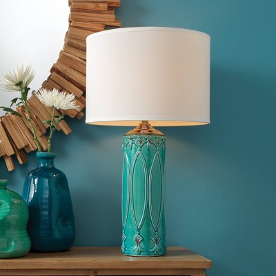 Turquoise Ceramic Table Lamp with White Linen Shade and 3-Way Switch