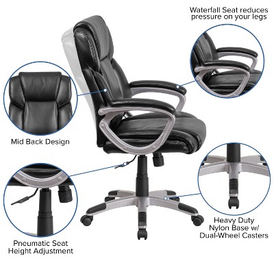 Executive Mid-Back Black LeatherSoft Swivel Office Chair with Padded Arms