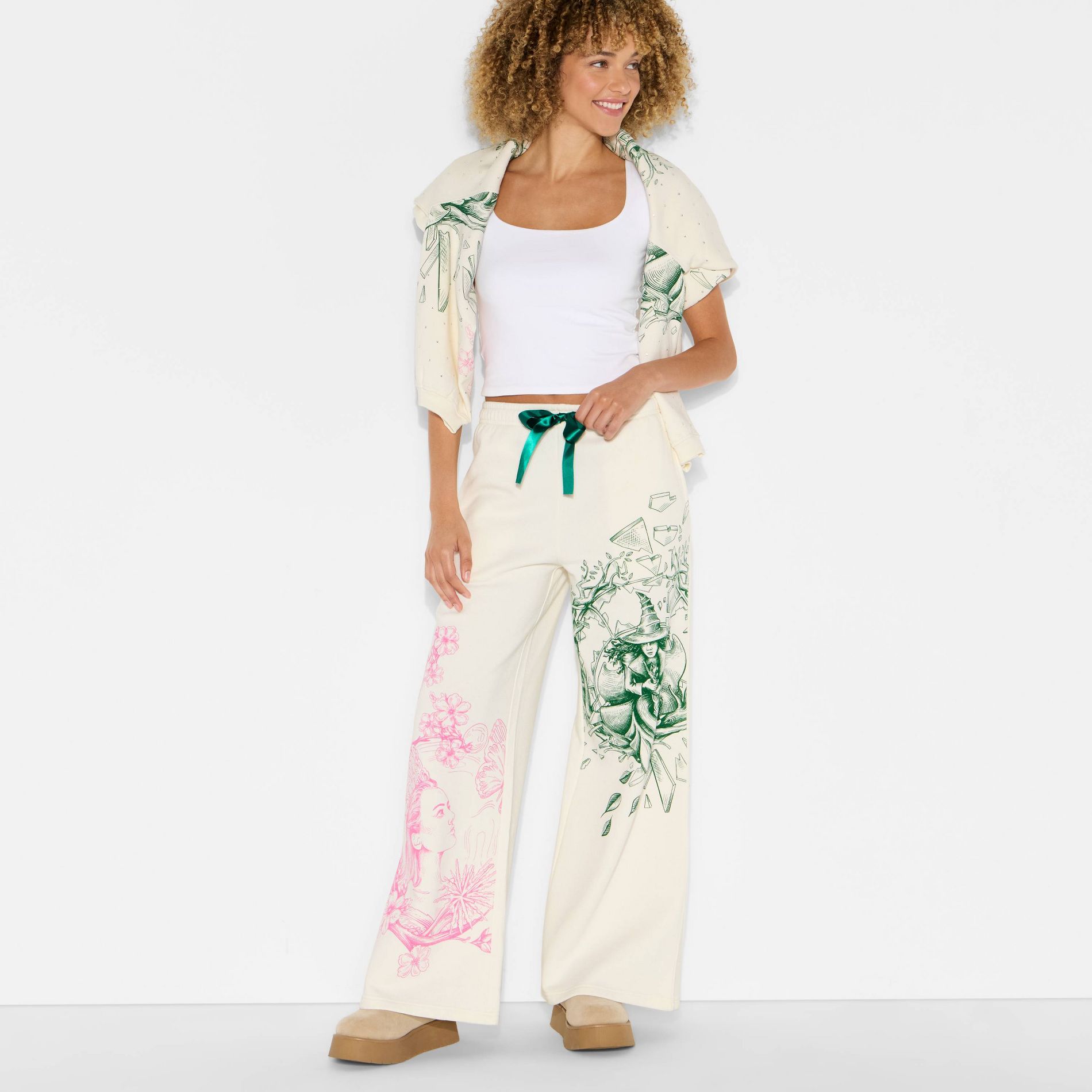 Wicked x Katie Kime Women's Relaxed Leg Good/Bad Graphic Jogger Pants - Cream