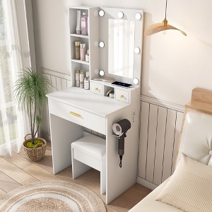 KWPZQEB Makeup Vanity Desk with Mirror & Lights, Vanity Table with 2 Drawers, Stool & Hairdryer Holder, Adjustable Brightness Dressing Table - 1 of 4
