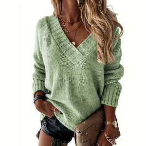 Imily Bela Women's Sexy V-Neck Sweater Long Sleeve Solid Color Knitted Loose Pullover Sweatshirt Top - 1 of 3