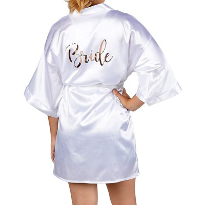 Sparkle and Bash White Wedding Satin Kimono Robe for Bride, Rose Gold Letters (Medium to Large)