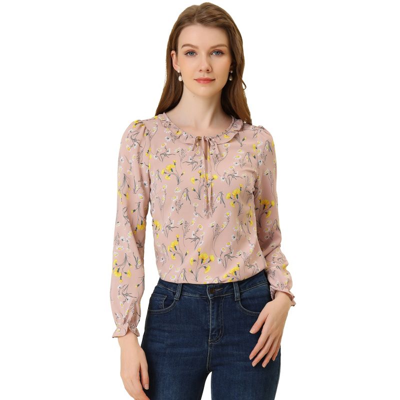 Allegra K Women's Floral Tie Neck Frilly Trim Long Sleeve Chiffon  Blouse, 1 of 6