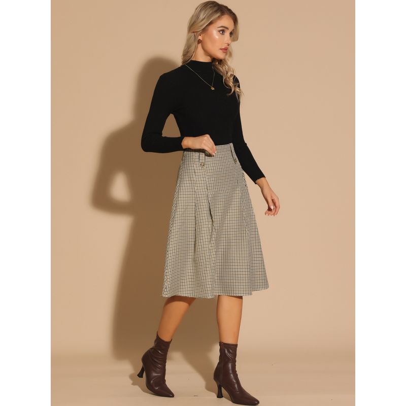 Allegra K Women's Vintage Plaid High Waist Pleated A-Line Midi Skirt, 4 of 7