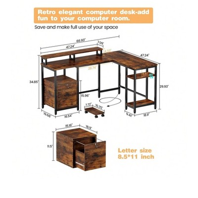 Technical diagram of L-shaped desk with dimensions 8.5x11 inch label