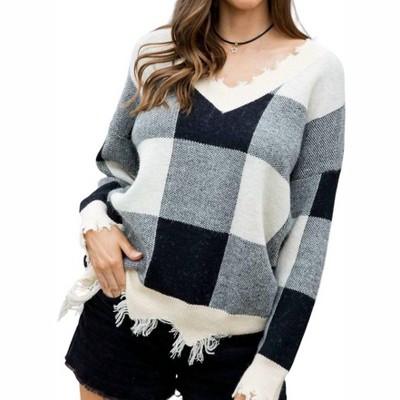 Women's Plaid Frayed Sweater - Mainstrip
