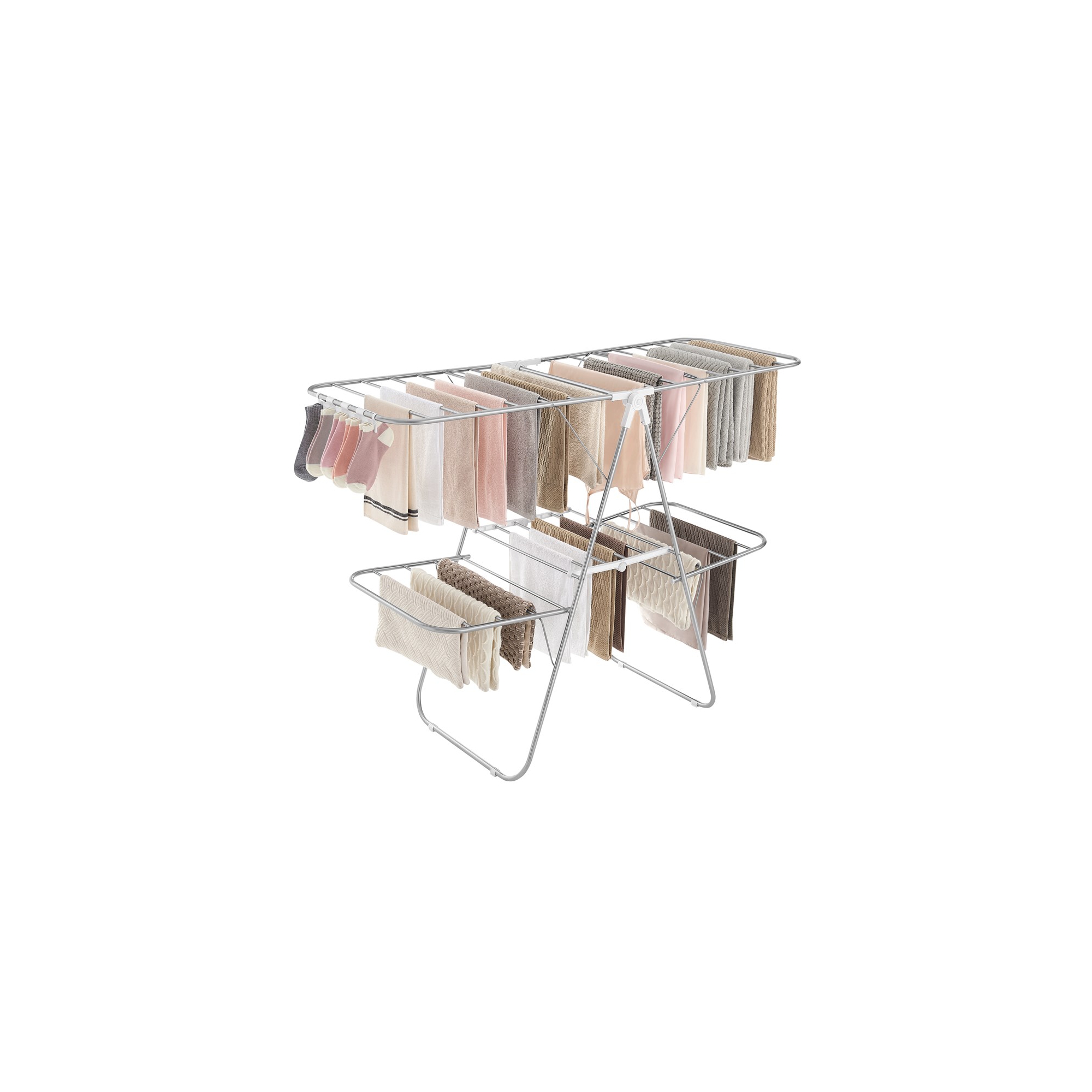 SONGMICS 2-Level Clothes Drying Rack Laundry Drying Rack with Height-Adjustable Wings 33 Drying Rails Sock Clips Silver and White